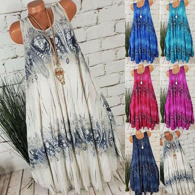 Comfortable Plus Size Women's Summer Sleeveless Floral Print Midi Dress For Casual Beach Wear