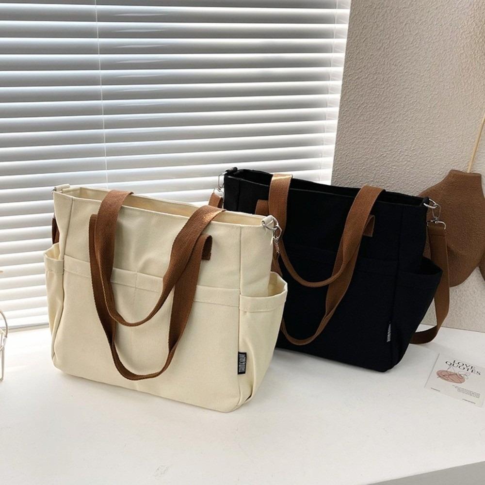 Multi-Pocket Canvas Handbag Zipper Commuting Crossbody Bag Simple Large Capacity Tote Bag Daily
