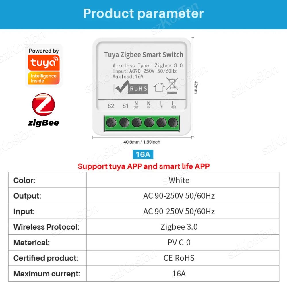 Tuya 16A Zigbee Mini DIY Smart Switch Module Relay Support 2-way Control Timer Smart Life Works With Alexa Google Home Alice