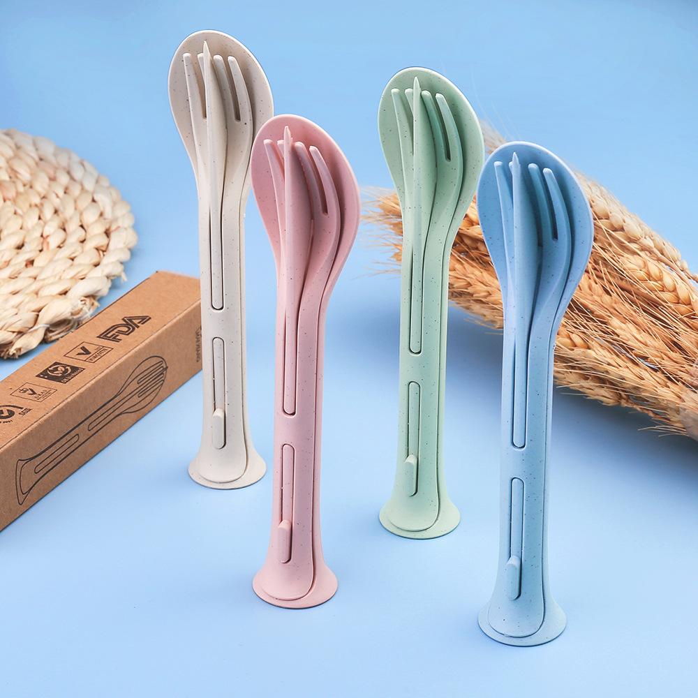 1pc Nordic Style Wheat Straw Children's Knife, Fork, and Spoon 3-in-1 Portable Cutlery Set