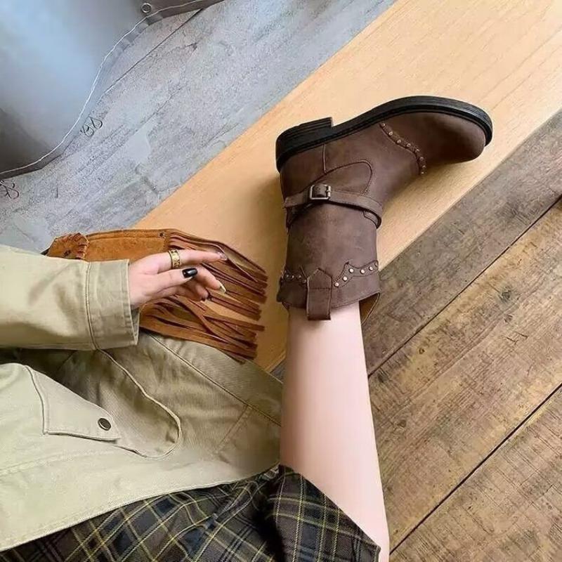 Round Toe Back Zip Single Boots Women'S Fashion Studded Metal Buckle Platform Block Heel Mid-Leg Boots