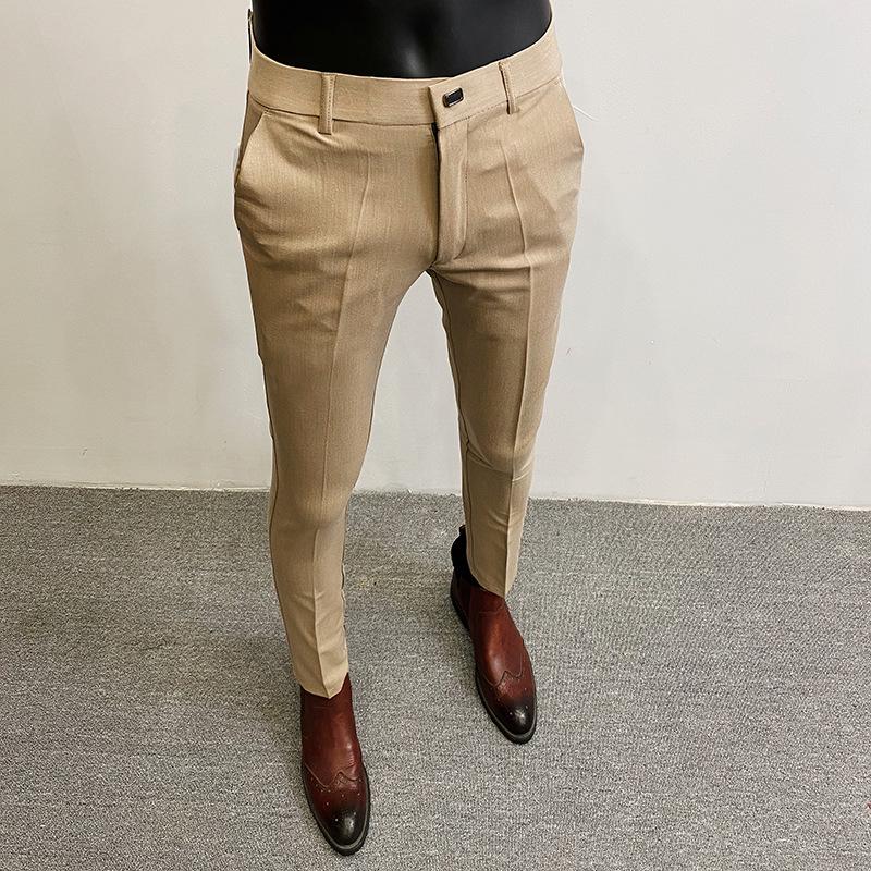 Men's Slim Fit Elastic Straight Leg Korean Style Cropped Business Casual Pants