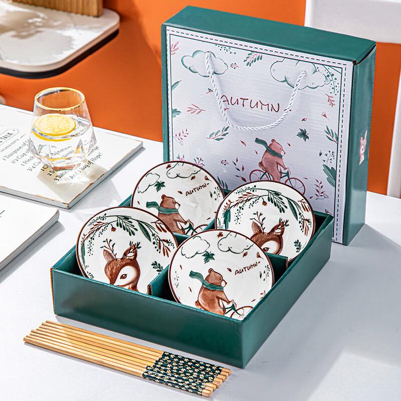 Christmas Bear & Deer Ceramic Bowl & Chopstick Set