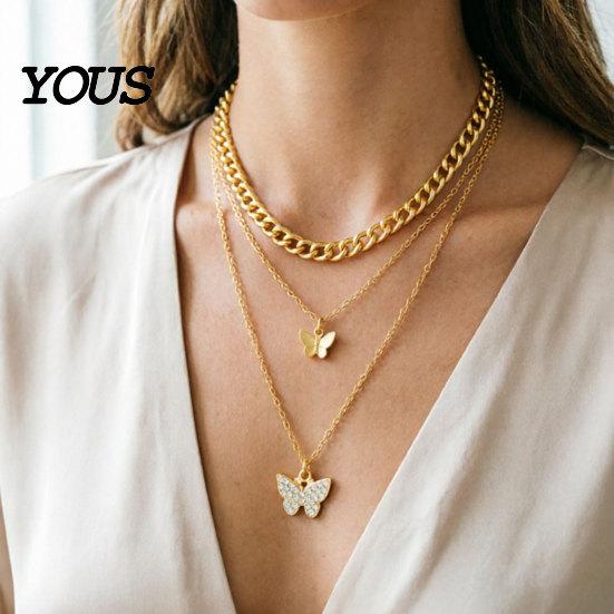 Double Butterfly Necklace 3-Layered Necklace, Women Rhinestone Pendant Chunky Chain Layered Choker, Dainty Charm Jewelry Gift for Her Trendy