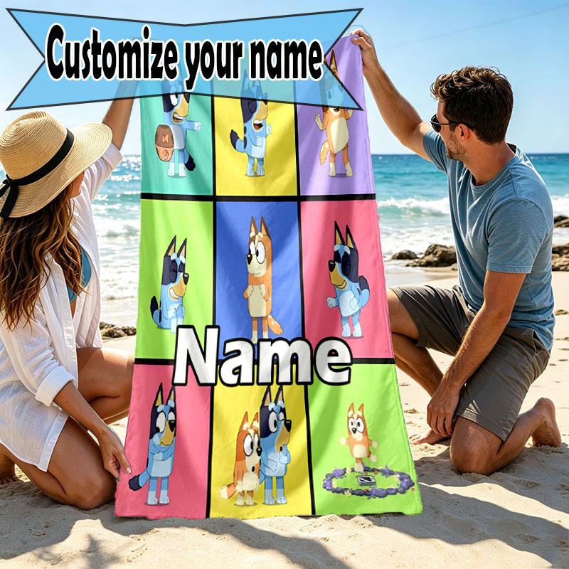 Custom Name Personalized Bluey Print Beach Towel, for Trip Camping Beach Party Home Decor, Birthday Gift for Family & Friends