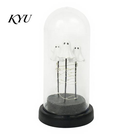 Halloween Ghost Night Light Decorations, 3 Mini Up in Cloche, with Figurine Warm LED Lights, Cute Spooky Decor for Home Mantel Tabletop Party Desk