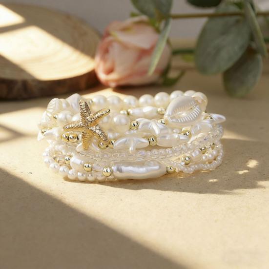 1 Set Bohemian Starfish Bracelets for Women Coastal Style Stackable Stretch Bracelets Faux Pearl Beaded Bracelets for Holiday Summer Beach