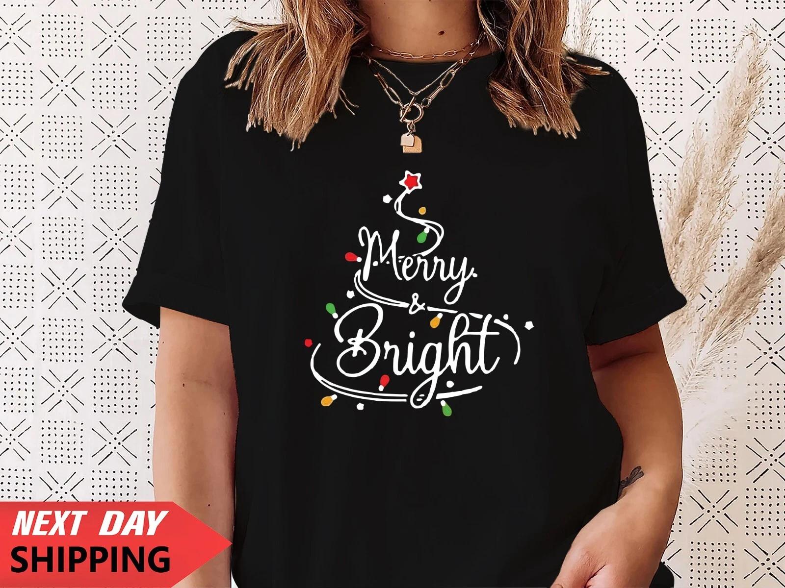 Christmas Novelty Funny Santa Reindeer Xmas Gift Tshirt Top, Merry Bright Tree XL