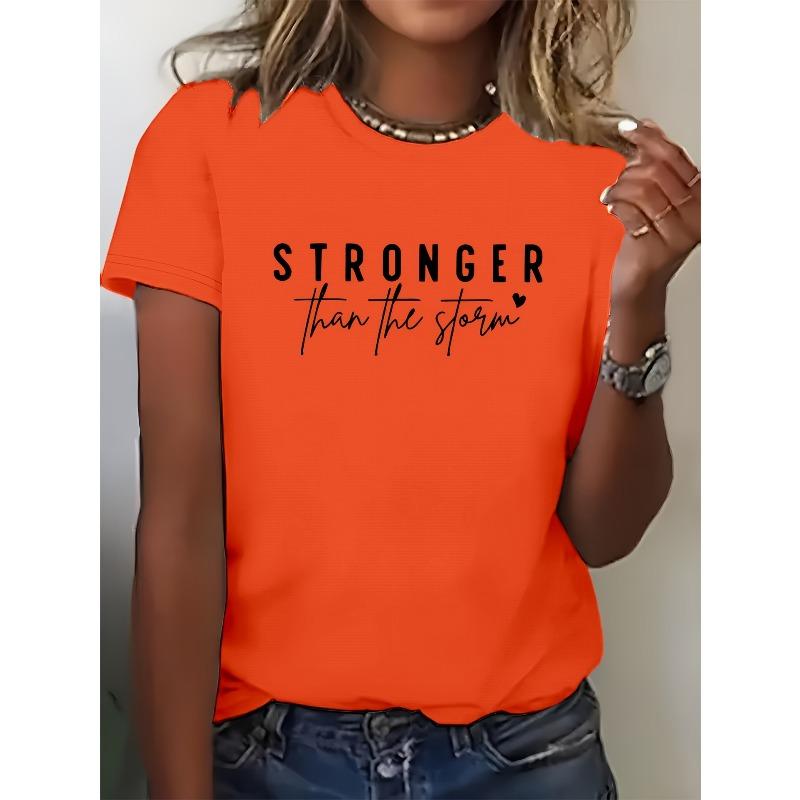 Women's Turquoise "STRONGER Than The Storm" Graphic T-Shirt - Elegant Round Neck Short Sleeve, Breathable Polyester,