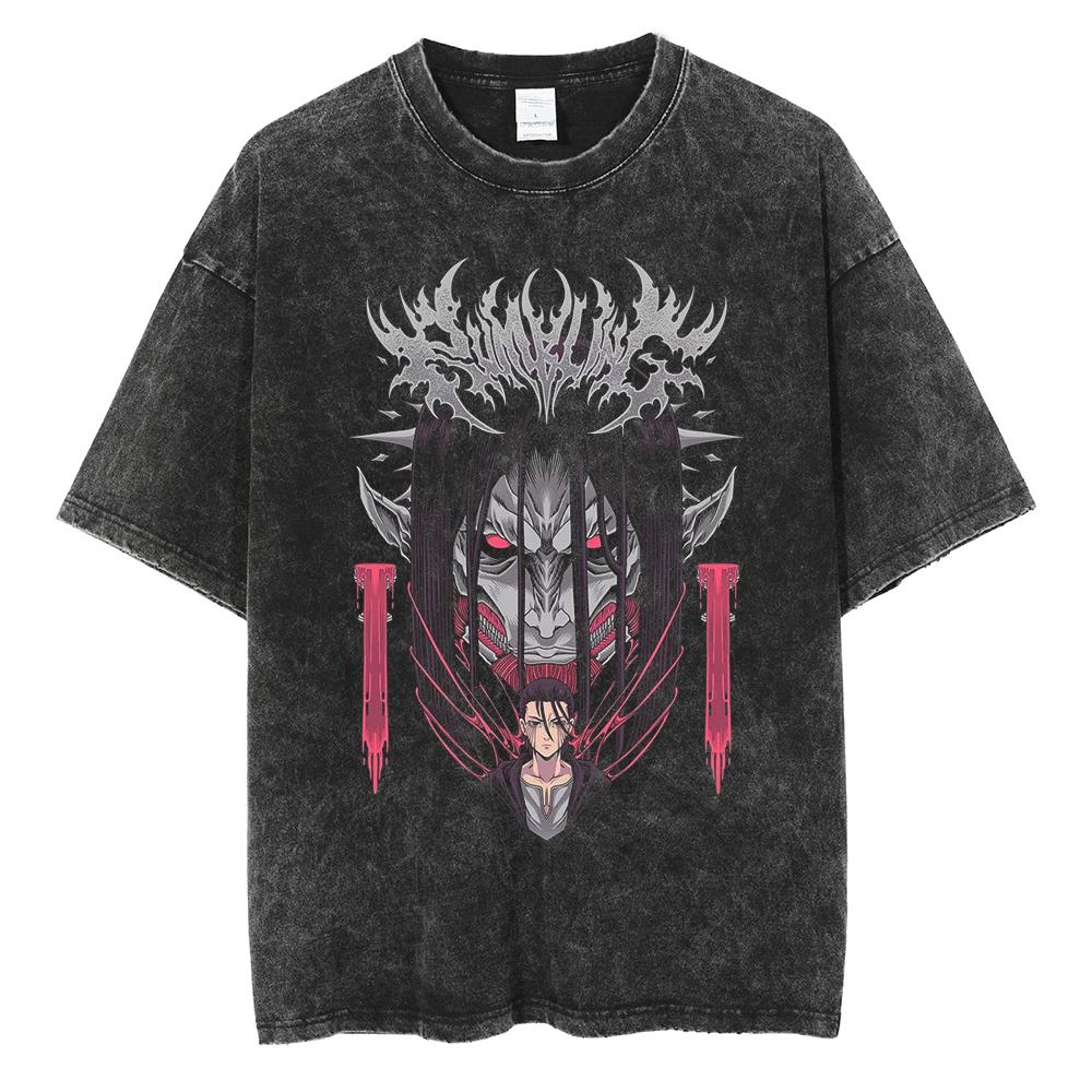 Eren Jager Attack on Titan Summer Streetwear Washed T-Shirt Anime Graphic Print TShirt Men Harajuku Cotton Oversize Vintage Tee