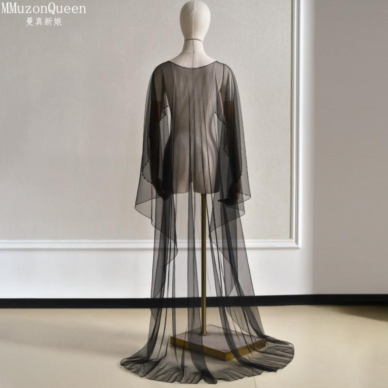 Beaded Edge Tulle Cape Train Shawl Front Short Back Long Sheer Bridal Wrap White & Black For Strapless Wedding Gown Evening Party Photoshoot