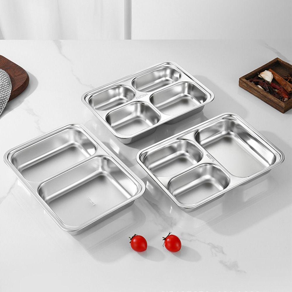 Stainless Steel Divided Lunch Box with Lid Rustproof Divided Dinner Tray Food-Grade Deepened Fast Food Plate Kitchen Supplies