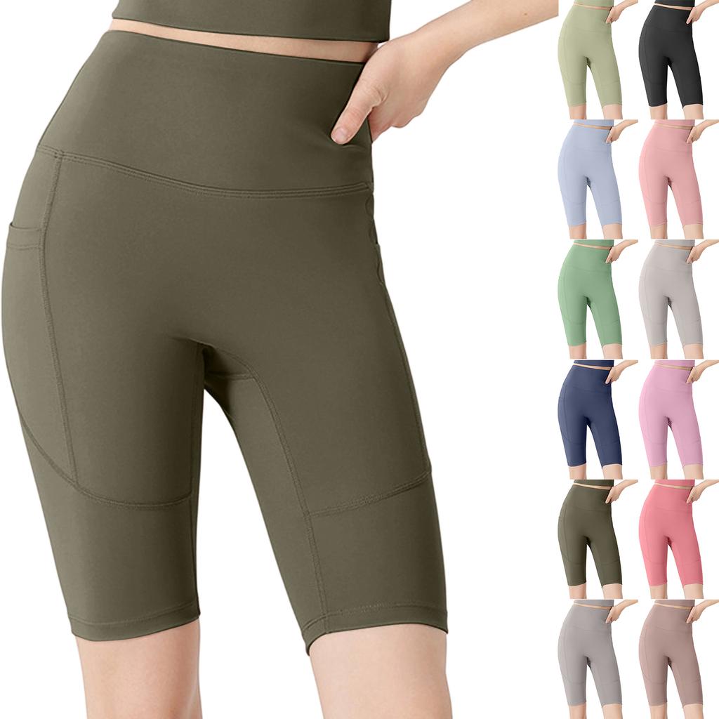 High Waist Running Shorts for Women Quick Dry Sports Biker Shorts with Hidden Pockets Compression Fit Five Inch Inseam Gym Yoga Tights
