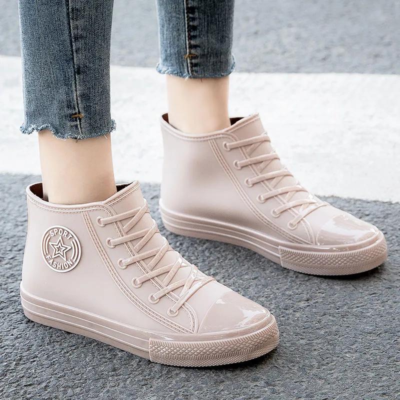 Adult Waterproof PVC Canvas Shoes Women Platform Ankle Rain Boots Outdoor Rain Shoe Ladies Non Slip Plus Cotton Silicone Boots