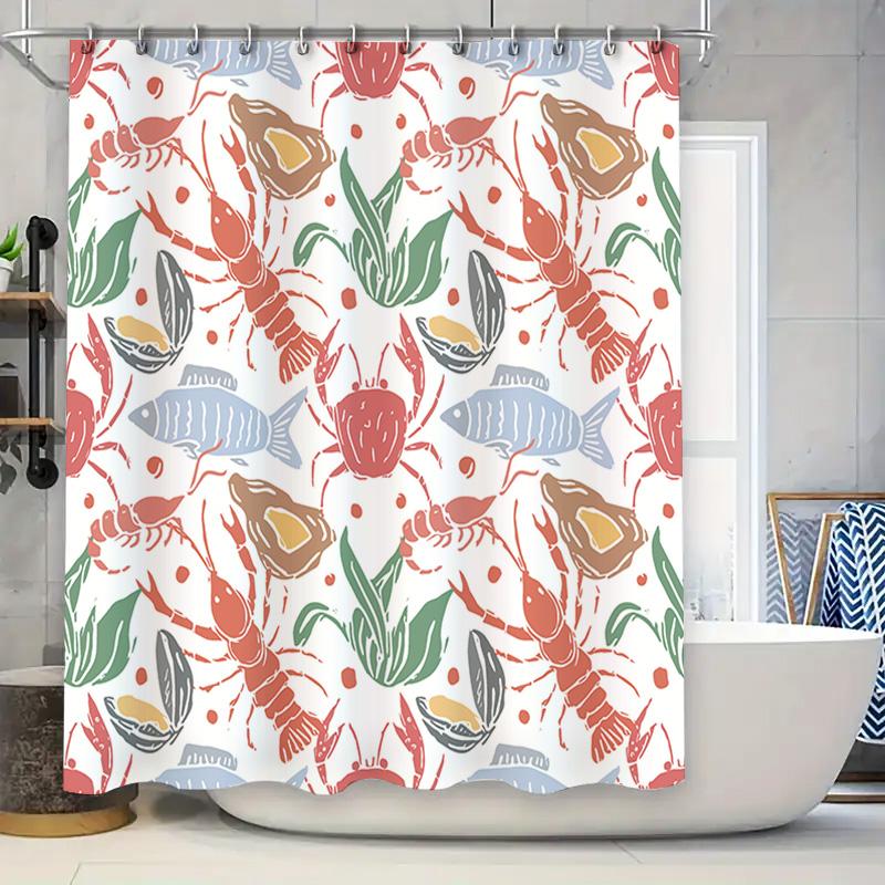 

Seafood Pattern Shower Curtain Red Green Crabs Fish Shell Waterproof Fabric For Bathroom Decor Size 180X245Cm W60H190(CM)-1 Pcs