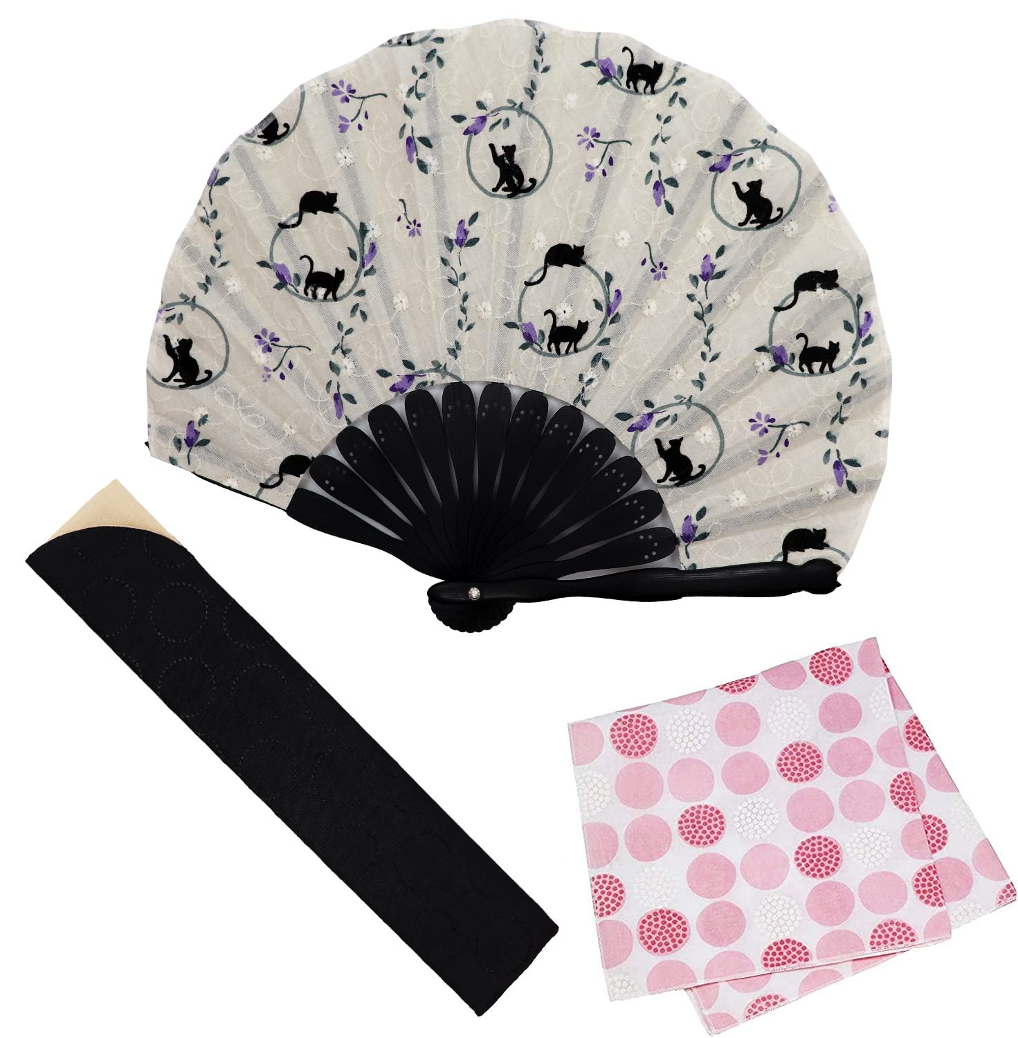 [Osaka Choseido] Women s Stylish Business Fan Set with Fan Case and Handkerchief - Chatton (Beige)