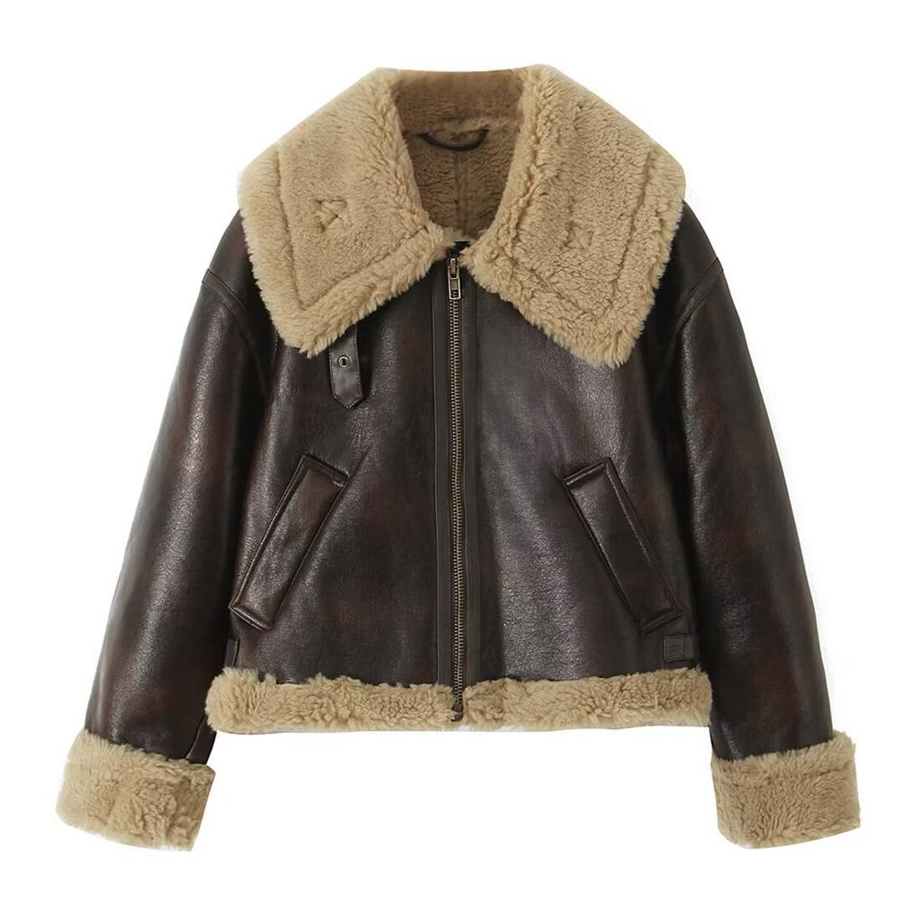 Women's Length Down Padded Leather Jacket Long Quilted Jacket With Removable Fur-Collar