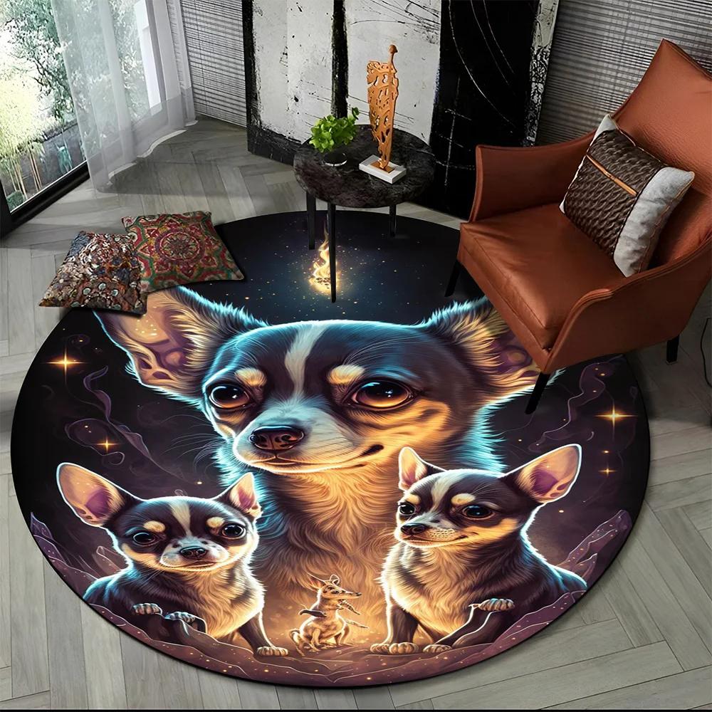 Cute Dog Samoye,Chihuahua,Koki Pomeranian Cartoon Round Carpet Rug for Living Room Bedroom Decor,kids Pet Area Rug Non Slip Mat