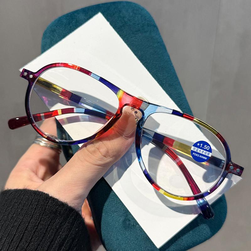 Women's INS Style Toad-Shaped Presbyopia Glasses Colorful Printed Spring-Arm Anti-blue Light Reading Glasses Diopter To +4.0