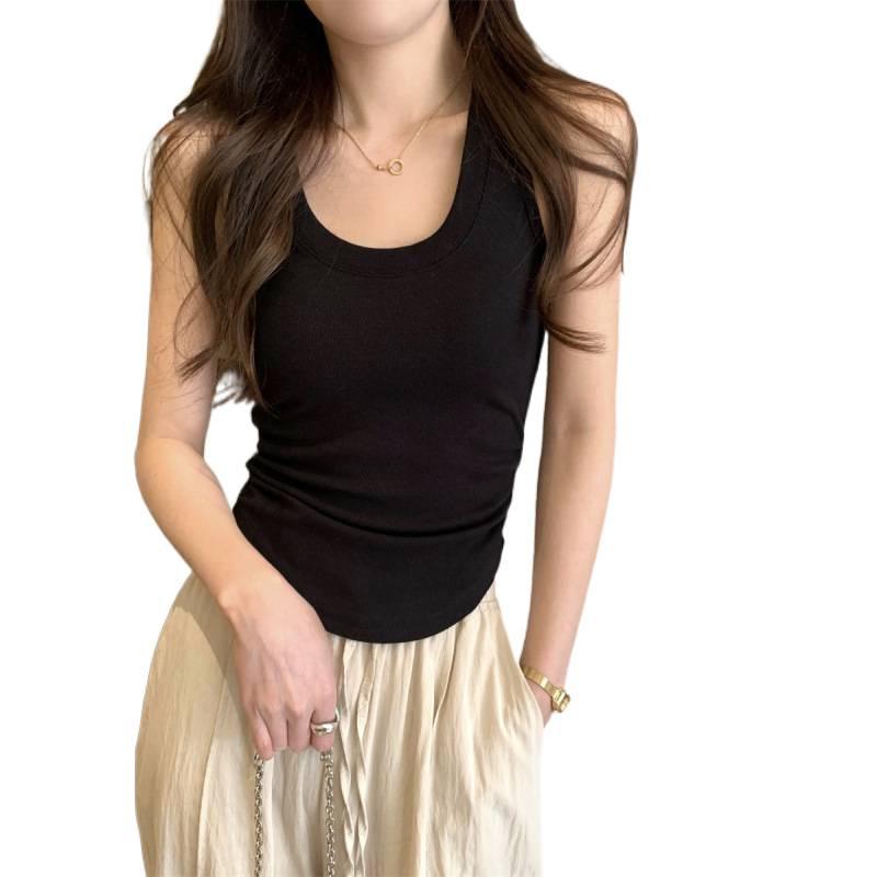 Korean Style Slim-Fit Cotton U-Neck Pleated Summer Tank Top for Women