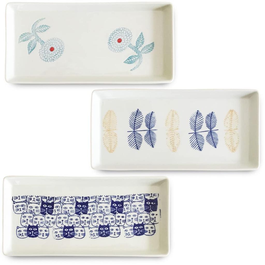 Kunzan Kiln Rectangular Set of Hasami Made In Dahlia Leaf Cats J-kitchens Plates, 3, Ware, Japan, 27x13x2cm, Pattern,