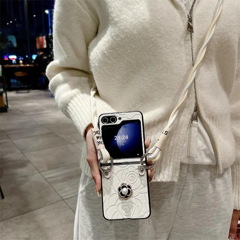 Crossbody Leather Flower Phone Case for Samsung Galaxy Z Flip 6 5 4 3 Flip6 Flip5 Flip4 Flip3 5G Hard Shell Shockproof Cover