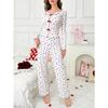Women Heart Print Lapel Collar Long Sleeve Long Pants Two Piece Pajama Home Wear Set