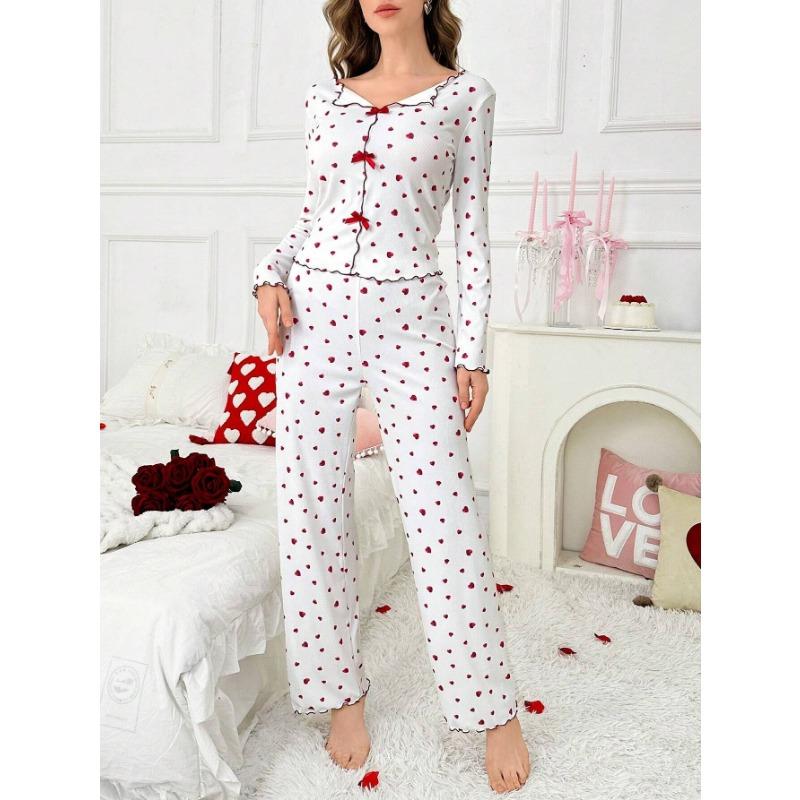 Women Heart Print Lapel Collar Long Sleeve Long Pants Two Piece Pajama Home Wear Set