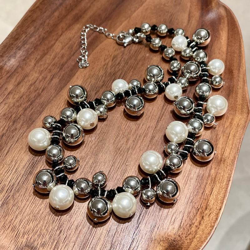 Autumn/Winter 2025 Silver Pearl Patchwork Necklace - Beaded Clavicle Chain Accessory