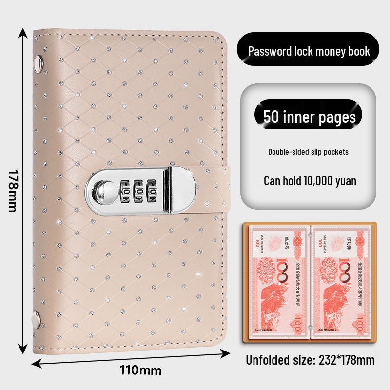 

Crystal Rhinestone Password Lock A6 Savings Book with Money Clip and Large Capacity Storage Pouch
