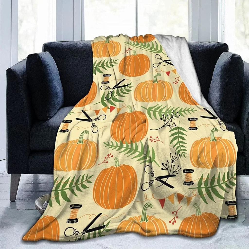 Harvest Autumn Throw Blanket Pumpkin Farmhouse Fallen Leaves Blanket Cozy Soft Lightweight Flannel Plush Blankets for Bed Couch