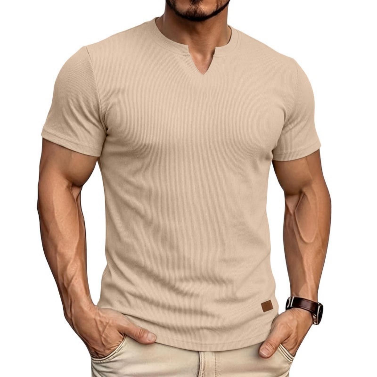 

Men’s Short Sleeve V Neck Ribbed Knit T Shirt Casual Fit Soft Lightweight Top for Everyday Wear XL бежевый