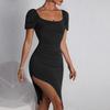 Spring and Summer New European and American Sexy Split-ended Square Neck Pleated Short-sleeved Hip-wrapped Knitted Dress Temperament One-step Skirt