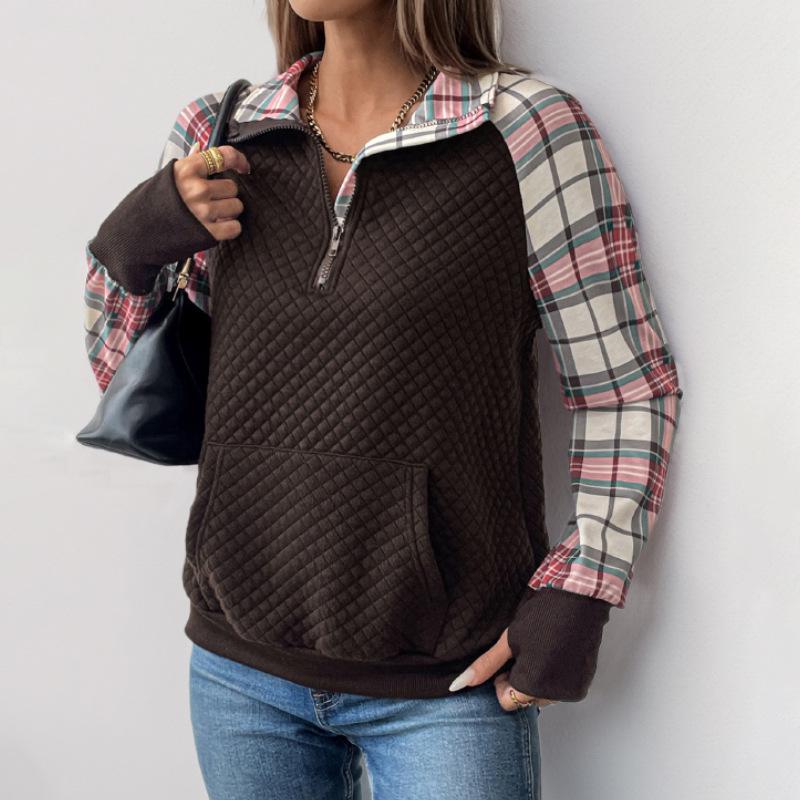 Women's Autumn/Winter 2025 Plaid Patchwork Stand Collar Pullover Hoodie