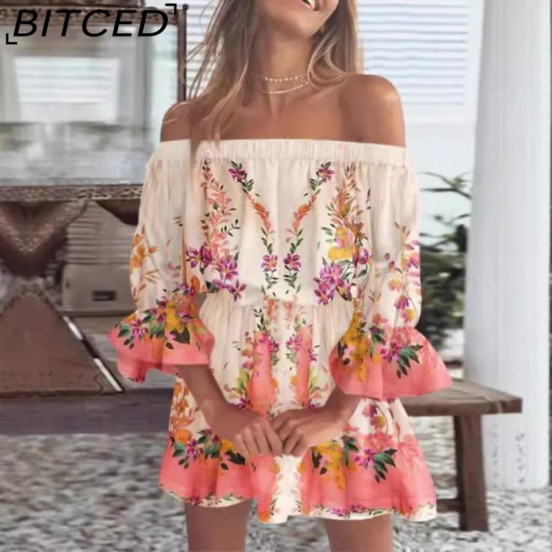 BITCED Women Floral Print Mini Dress Summer Sexy Off Shoulder Flare Sleeve Tunic Dress Female Casual Boho Beach Dress