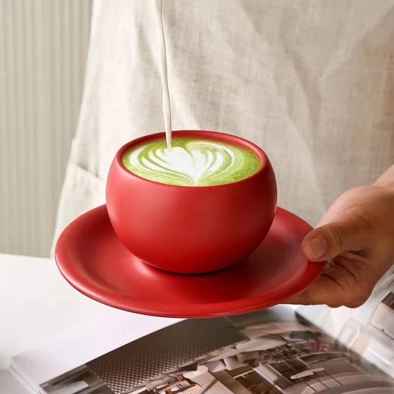Vintage Egg-shaped Ceramic Coffee Cup And Saucer Set for Home Use - Light Luxury Simple Latte Art Embossed Cappuccino