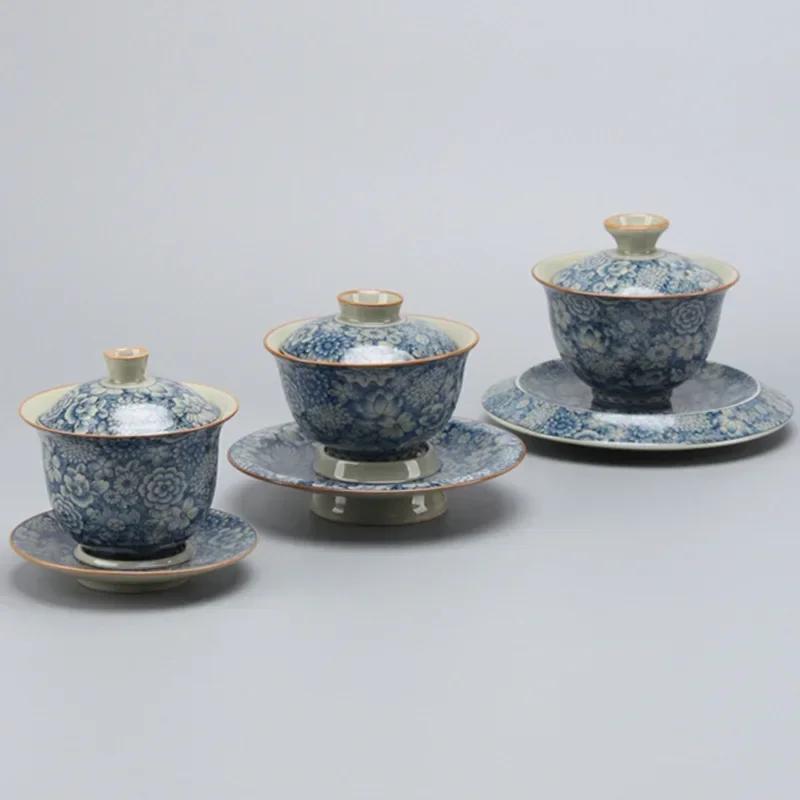Old Clay Tea Cup, Tea Brewing Bowl, Ceramic, Single Ceremony,Ceremony, Bamboo Hat Tureen, High-End Sancai Gaiwan, Blue and White