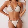 Damen Farbig Niedrig geschnittener Trägerhals Bikini Set Rückenfrei Abnehmbares Design Zweiteilig Sexy Badebekleidung Strand Badehose