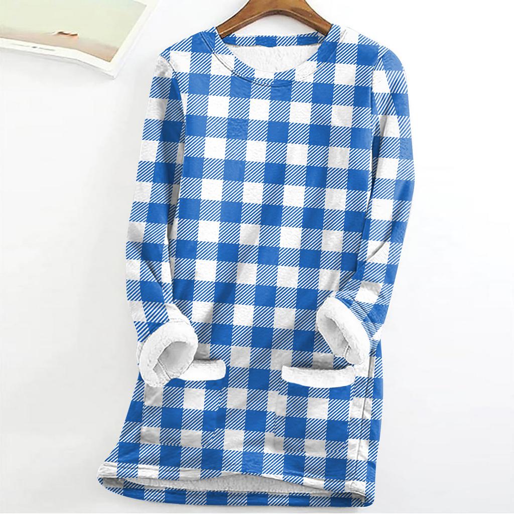 Women's Fashion Plaid Print Round Neck Long Sleeve Plush Winter Warm Pullover Top
