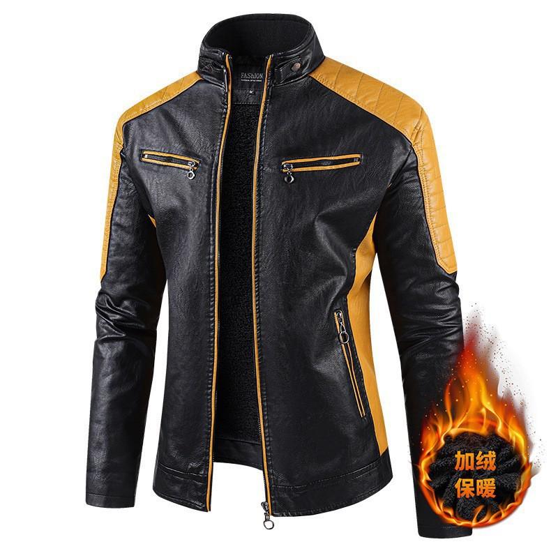 Herren PU-Leder Bikerjacke Lässig Stilvoll Color Block Moto Jugend