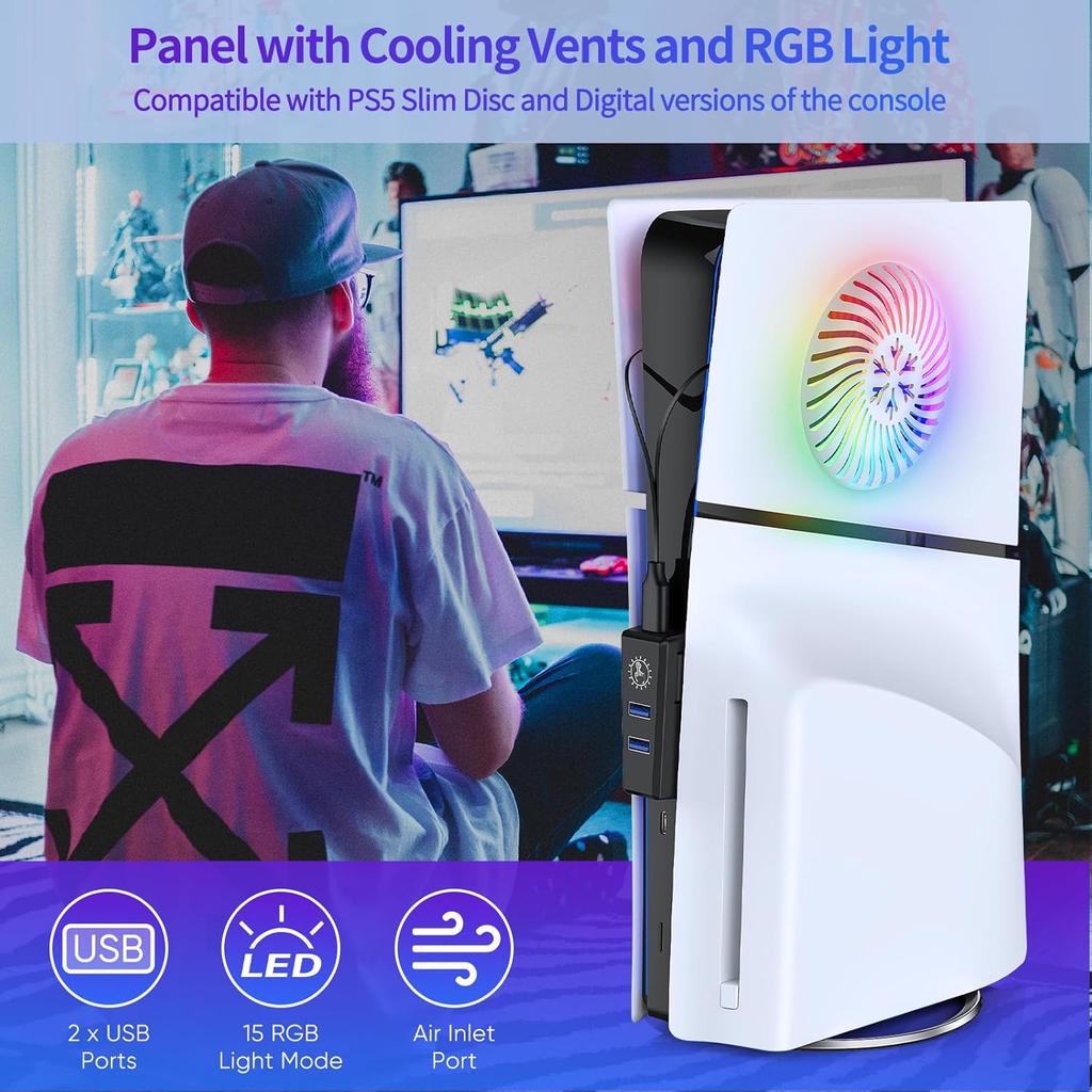 Faceplate for PS5 Slim Console with Cooling Vents & RGB Light Ring Strip & USB2.0 Hub, DIY Hard Shockproof Plates Cover & 15 LED Mode, Replacement
