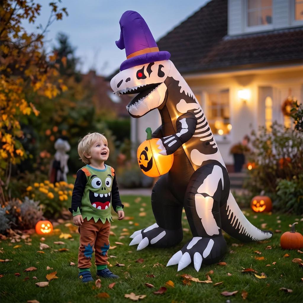 Inflatable Dinosaur with Pumpkin Builtin LED Lights Halloween Yard Decoration for Garden