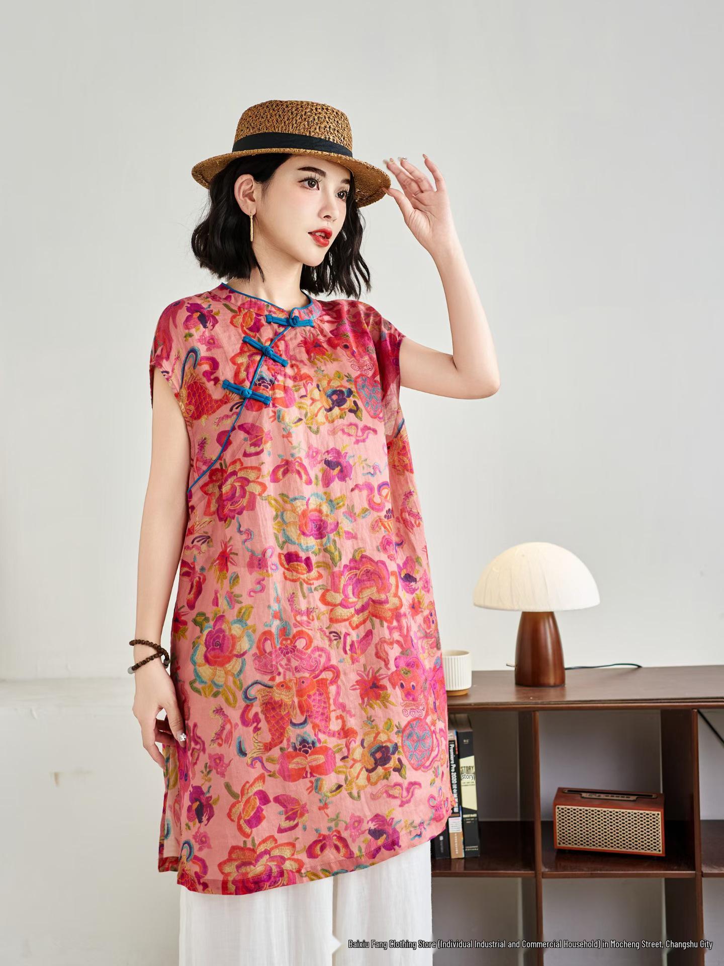 2026 Spring/Summer Women s Elegant Stand Collar Asymmetrical Lapel Shirt with Chinese Tang Dynasty Print One Size