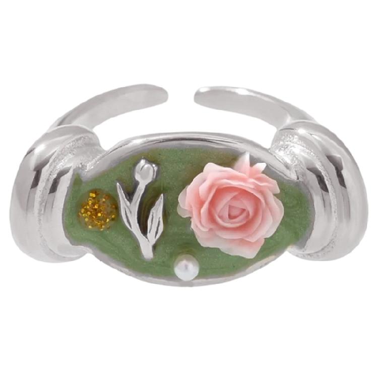 Gioiello Artistico Fiore di Rosa Anello in Acciaio Inossidabile Smaltato con Accenti di Perle Fascia Regolabile Anello Aperto Gioielli Floreali