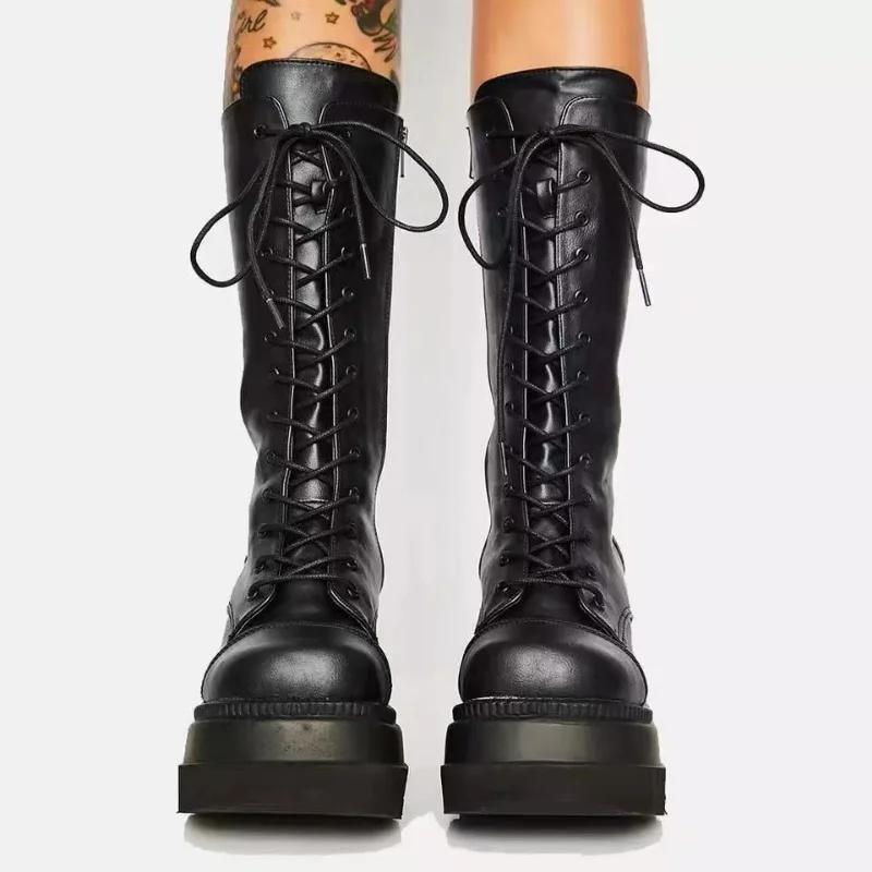Fashion Winter Boots Women Platform Shoes Booties Rain Combat Military Short Leather Black New Rock Punk Goth Lolita Clearance Offers