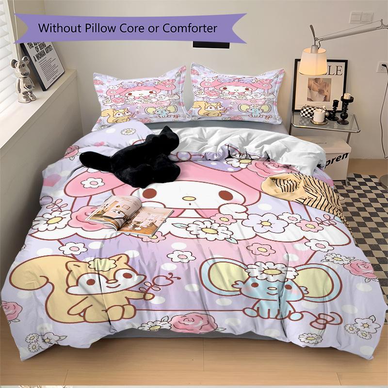 3pcs My Melody and Small Animals Pattern Bedding Set, 1* Cover + 2*Pillowcases, Printed Bedding Set, Soft and Comfortable.W068