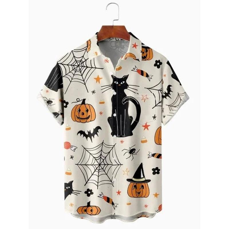 Pumpkin Bat Halloween Element Short Sleeve Turn-Down Collar Shirt