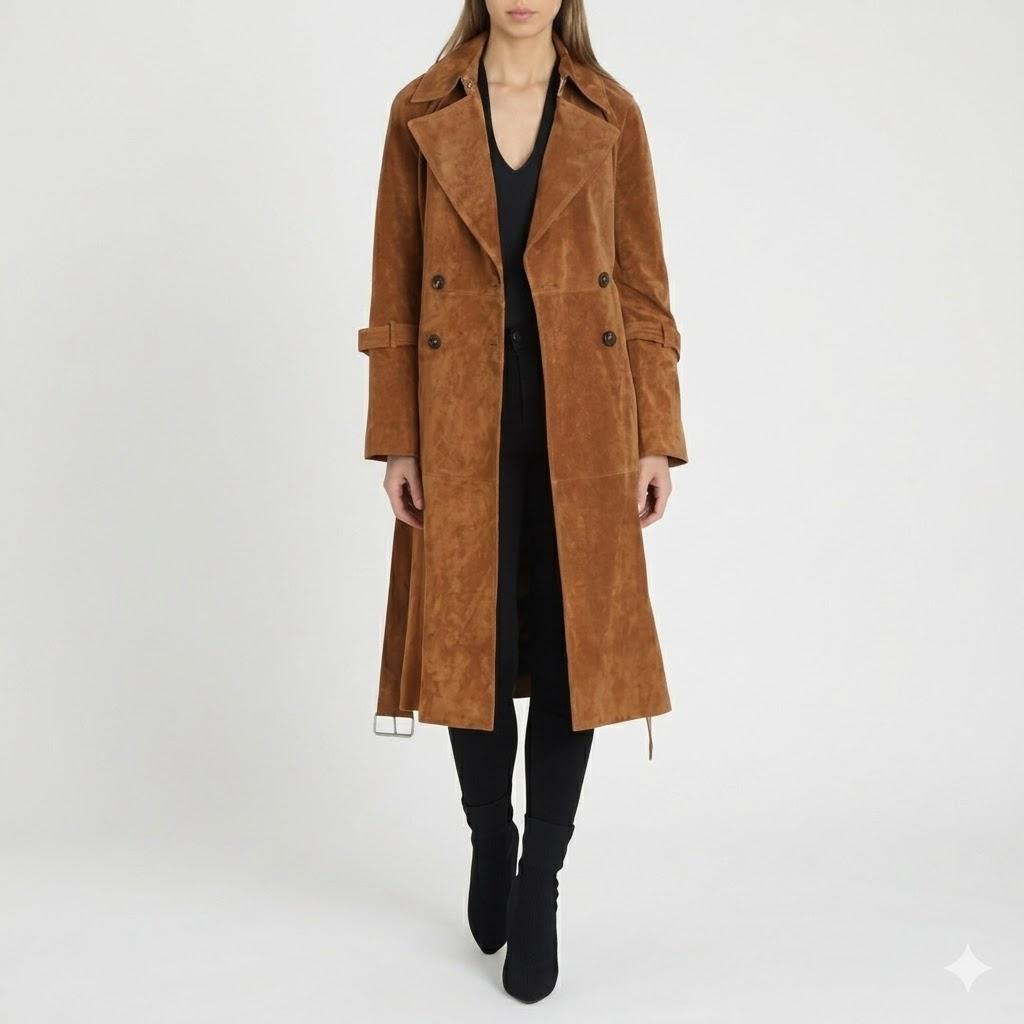 Brown Genuine Suede Lambskin Leather Women s Party Stylish Handmade Trench Coat S