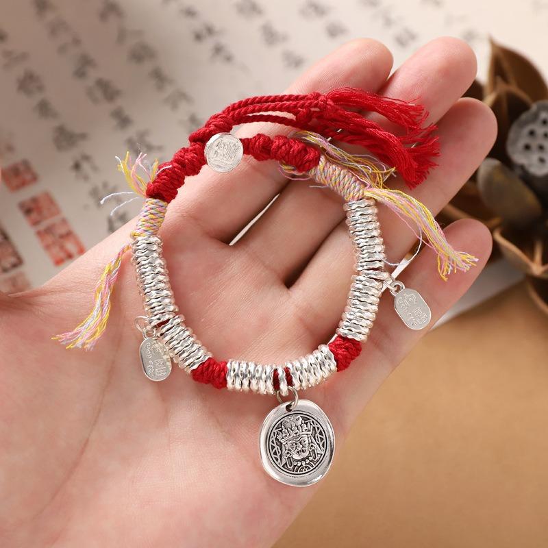 Tibetan Zakiram Hammer Silver Coil Bracelet Braided Red Hand Rope Retro Men's and Women's Bracelet