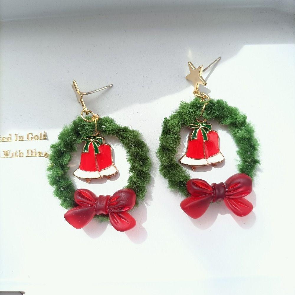 Retro Mistletoe Christmas Earrings Bowknot Heart Ear Studs Sweet Plush Xmas Pendant  Unisex